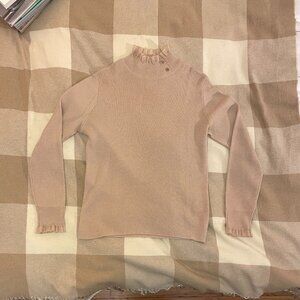 Beige nude top ruffled collar turtleneck rose gold buttons long sleeve